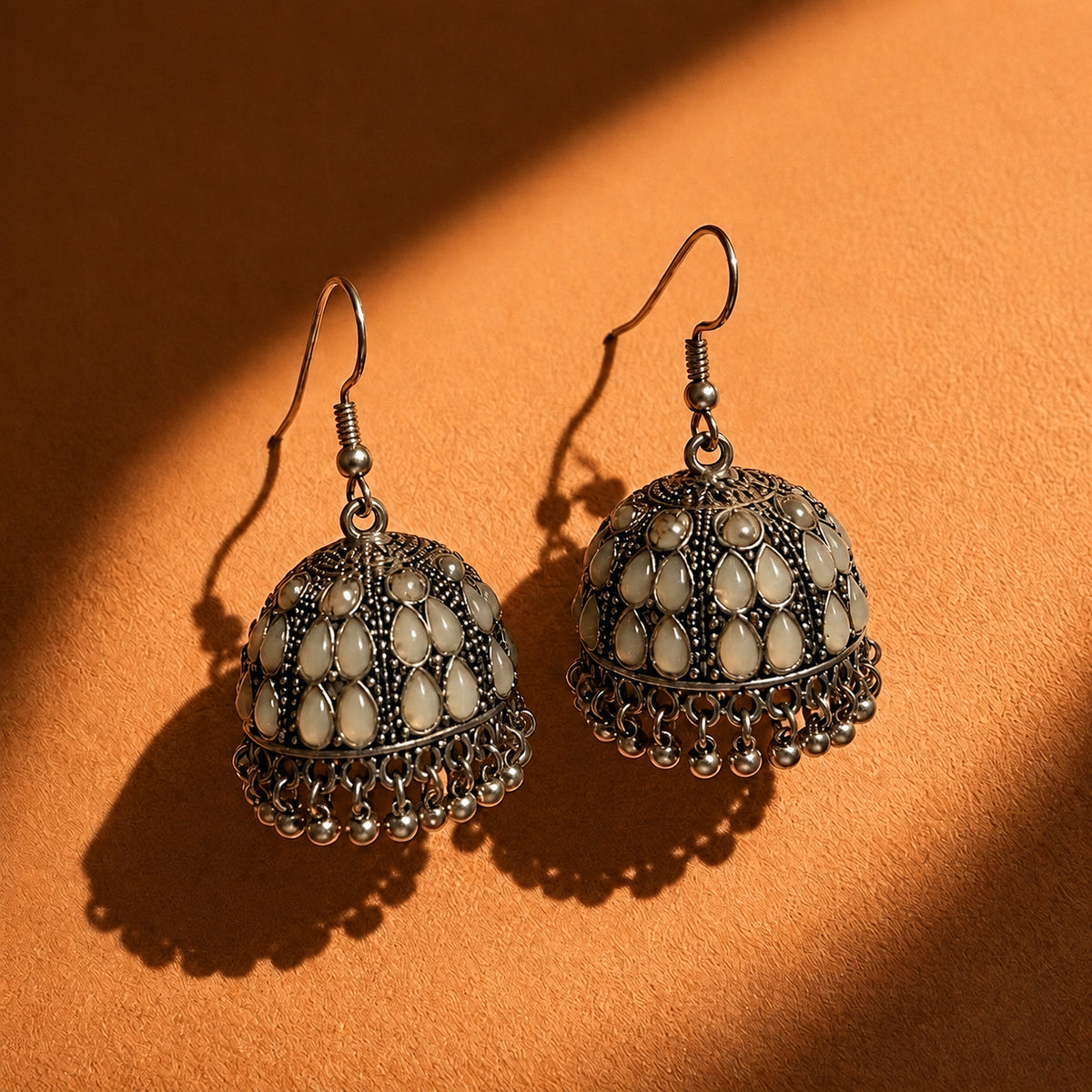 OXIDISED SILVER WHITE STONE JHUMKA EARRINGS