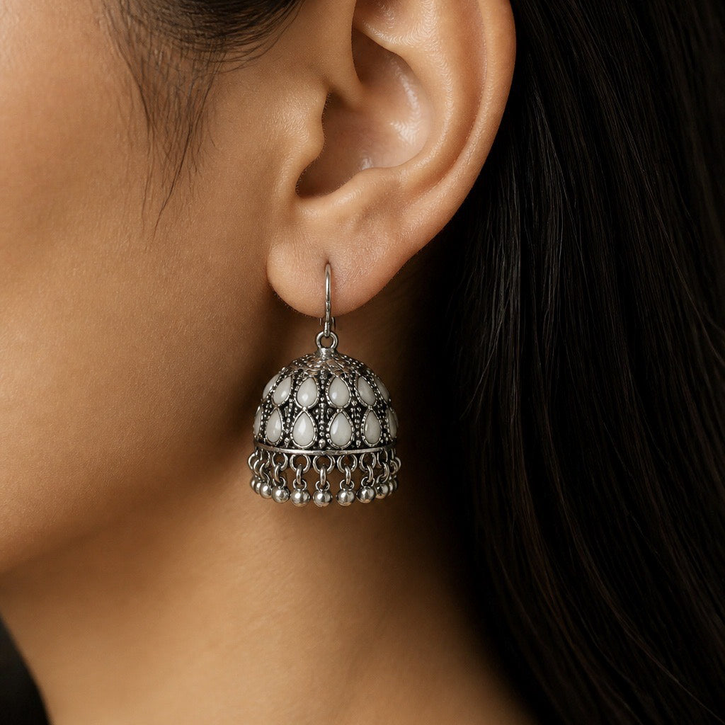 OXIDISED SILVER WHITE STONE JHUMKA EARRINGS
