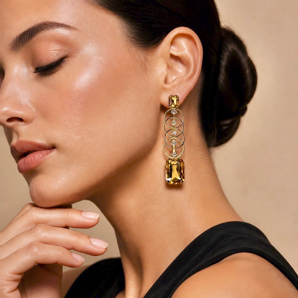 AMBER CRYSTAL GOLD HOOP CHAIN DROP EARRINGS