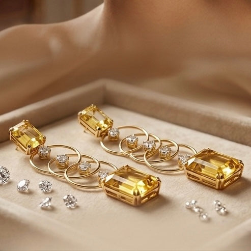 AMBER CRYSTAL GOLD HOOP CHAIN DROP EARRINGS