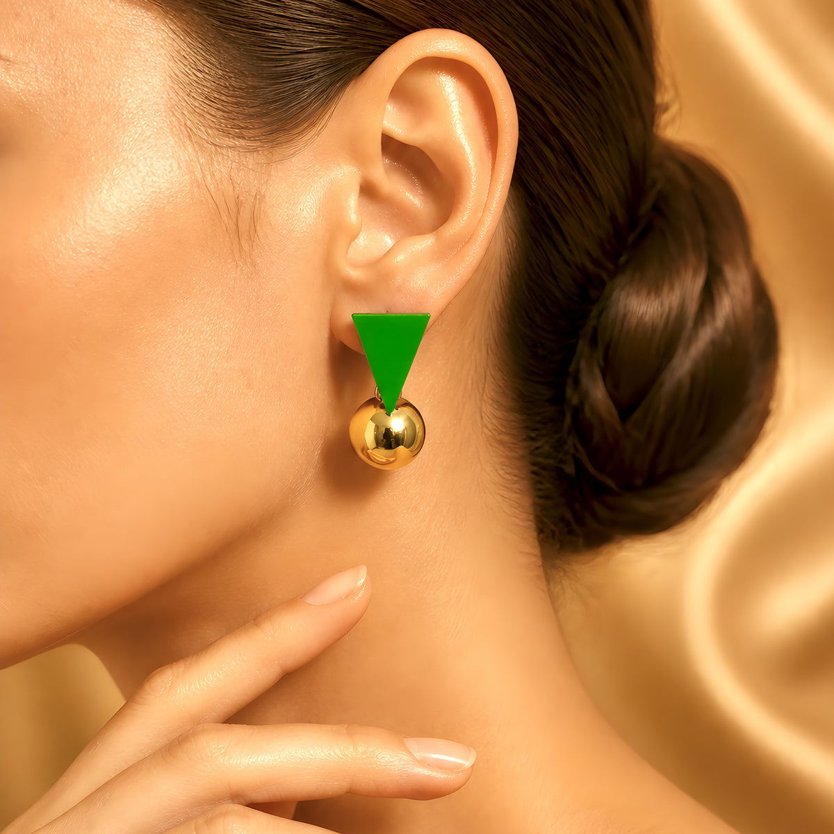 EMERALD TRIANGLE GOLD BALL DROP EARRINGS