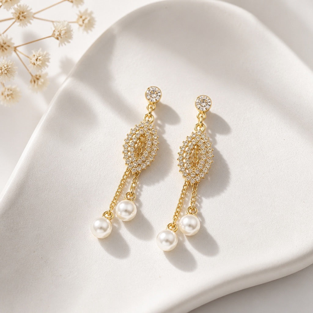 CRYSTAL OVAL & PEARL CHAIN DROP EARRINGS