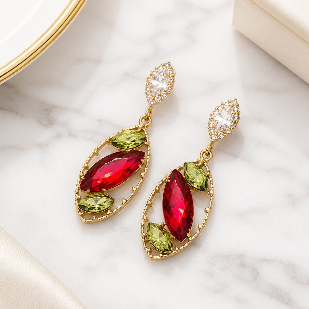 RUBY CRYSTAL & GOLD EYE DROP EARRINGS