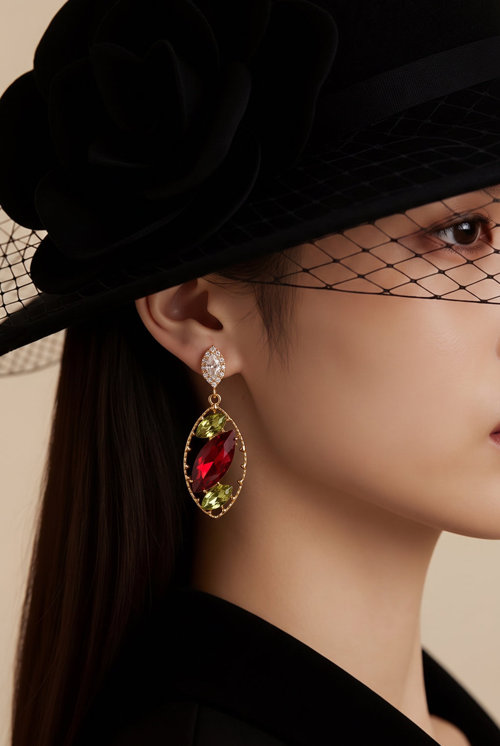 RUBY CRYSTAL & GOLD EYE DROP EARRINGS