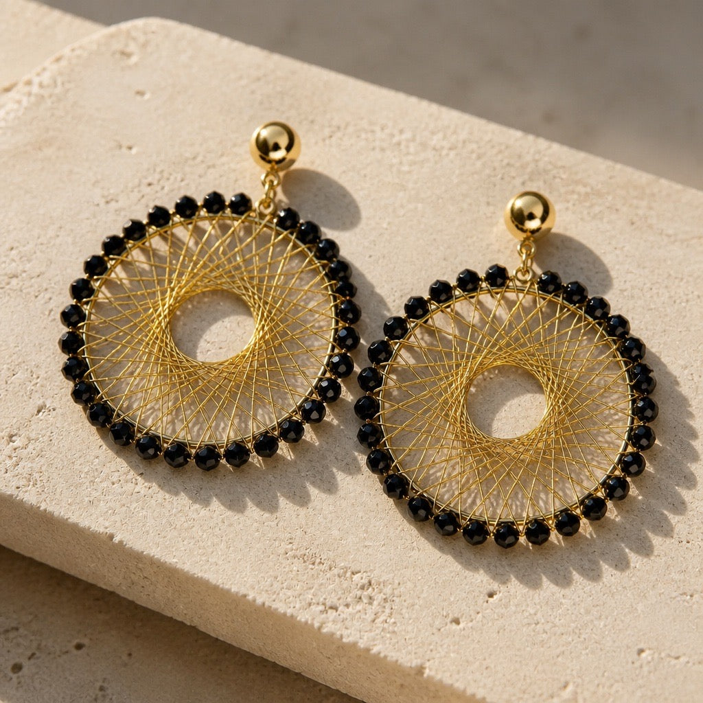 GOLD WIRE WOVEN CIRCLE DROP EARRINGS