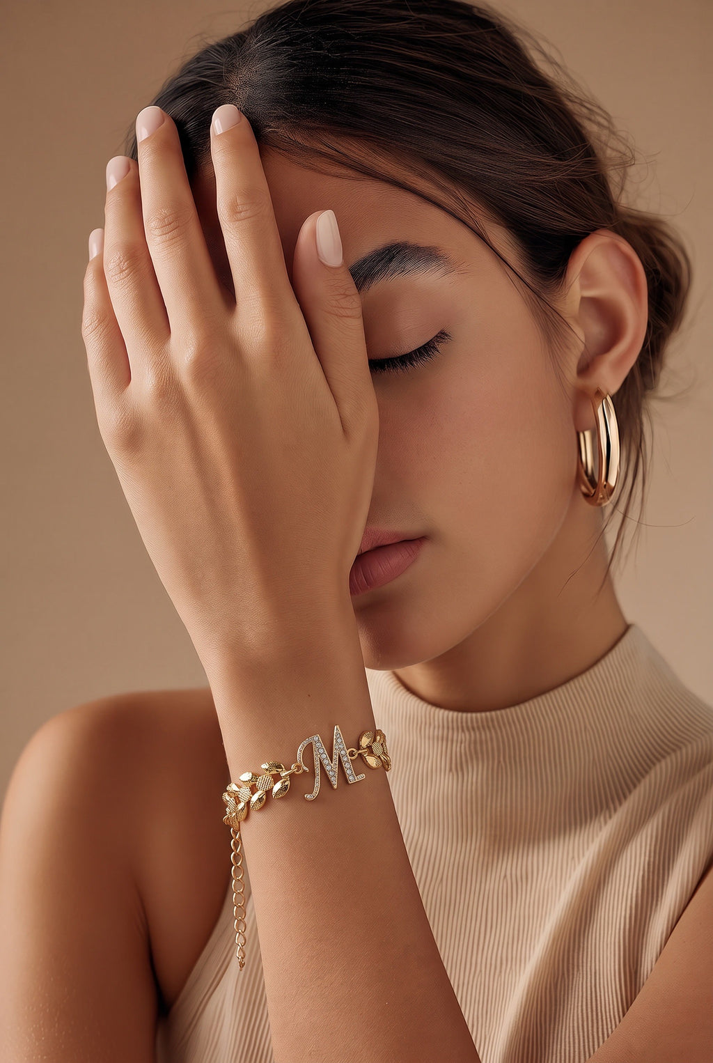 CRYSTAL INITIAL LETTER WHEAT CHAIN BRACELET