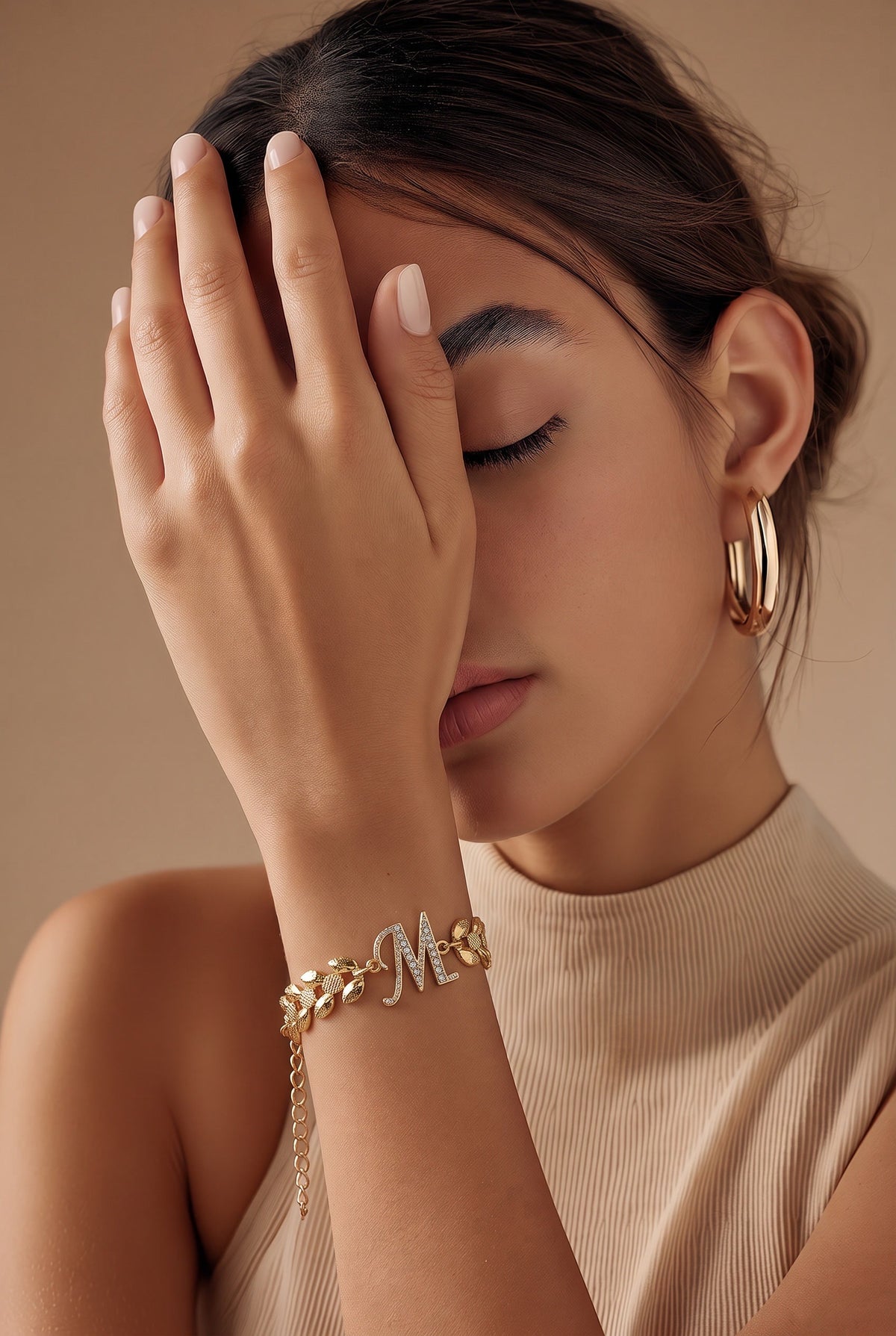 CRYSTAL INITIAL LETTER WHEAT CHAIN BRACELET