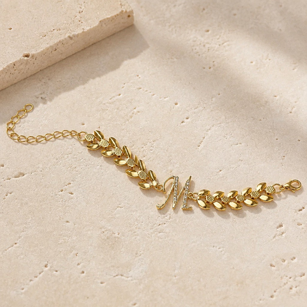CRYSTAL INITIAL LETTER WHEAT CHAIN BRACELET