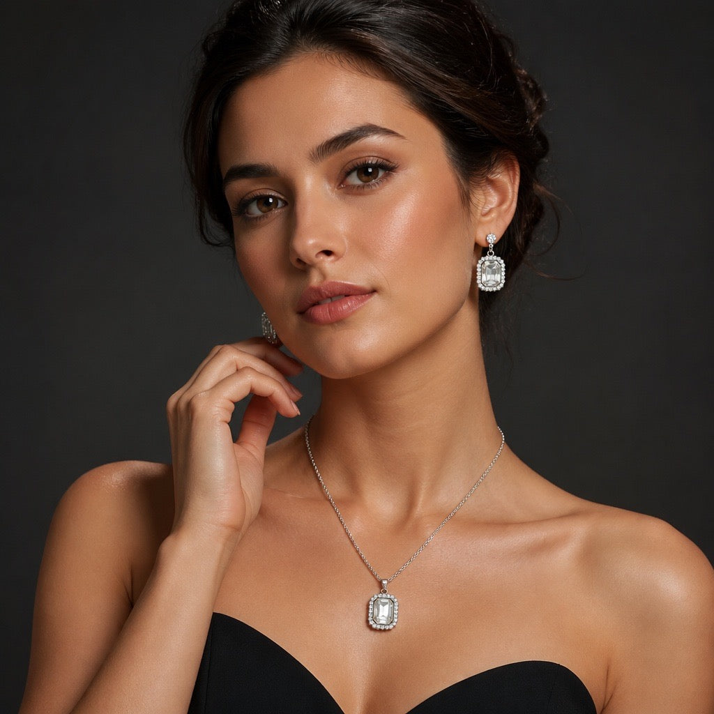 EMERALD-CUT CRYSTAL HALO NECKLACE & EARRINGS SET