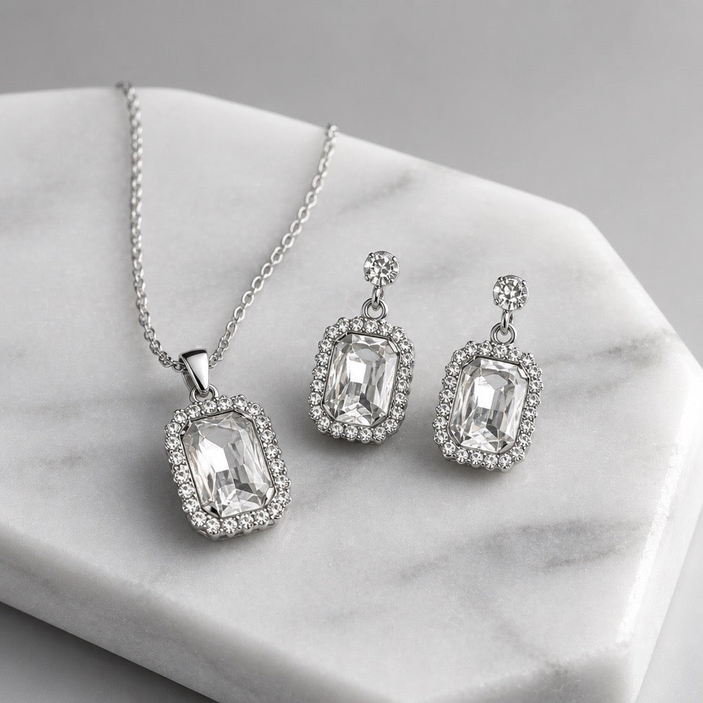 EMERALD-CUT CRYSTAL HALO NECKLACE & EARRINGS SET