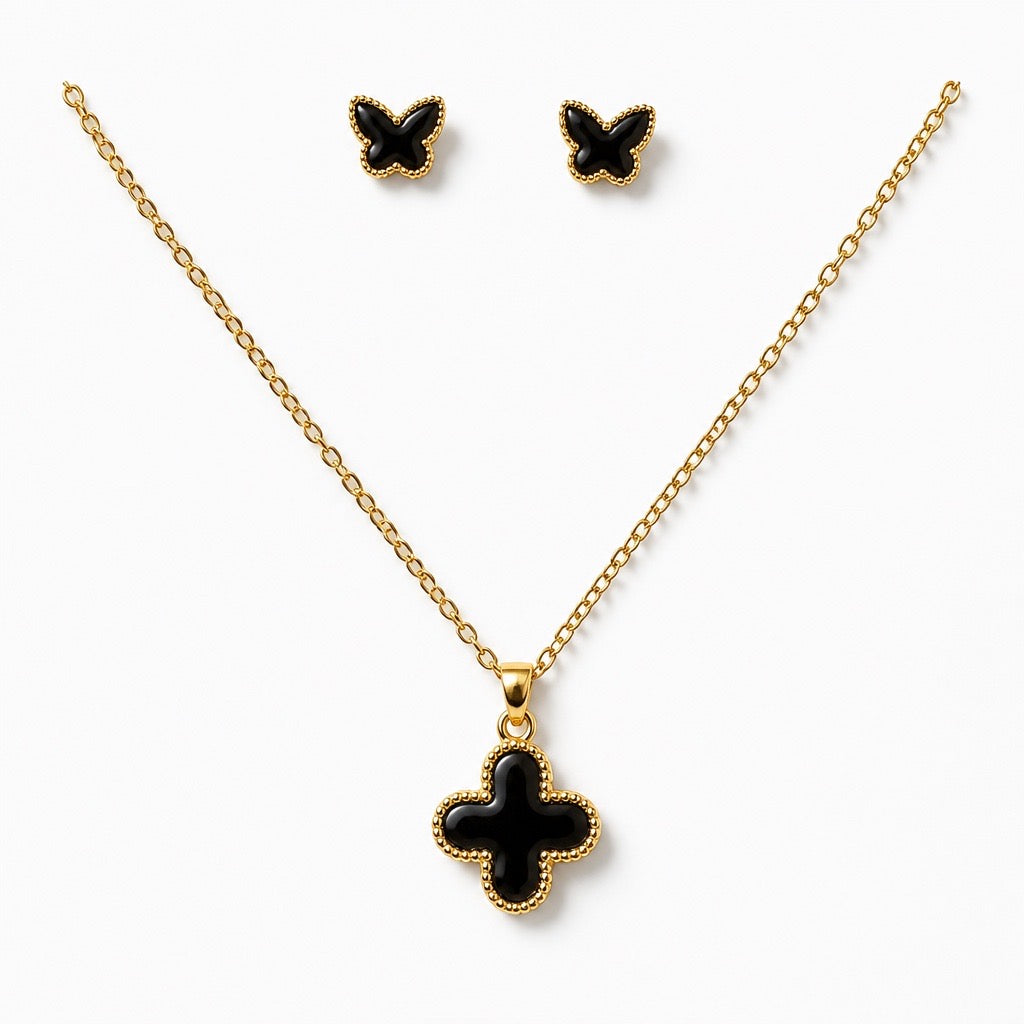 BLACK ENAMEL CLOVER NECKLACE & BUTTERFLY EARRINGS SET