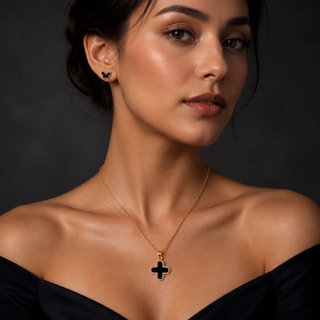 BLACK ENAMEL CLOVER NECKLACE & BUTTERFLY EARRINGS SET