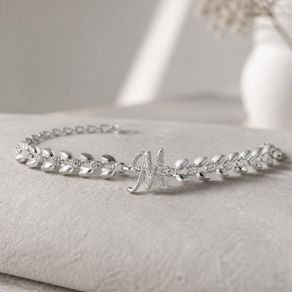 CRYSTAL INITIAL LETTER WHEAT CHAIN BRACELET