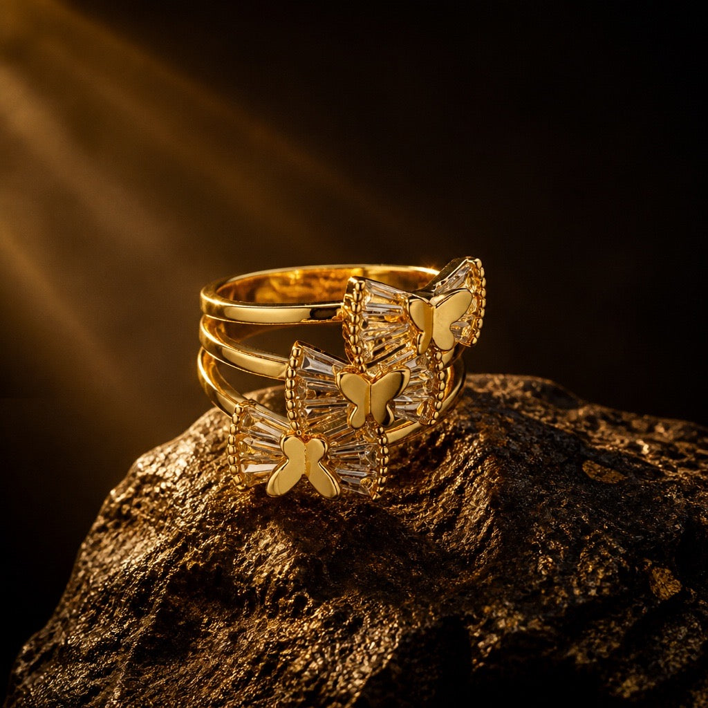 DOUBLE BUTTERFLY BAGUETTE CRYSTAL RING