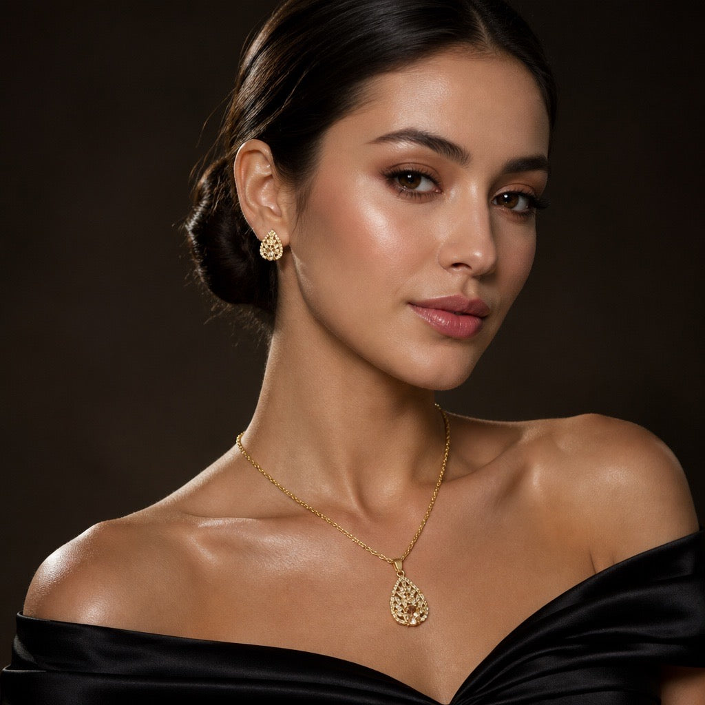 AMBER CRYSTAL FILIGREE NECKLACE & EARRINGS SET