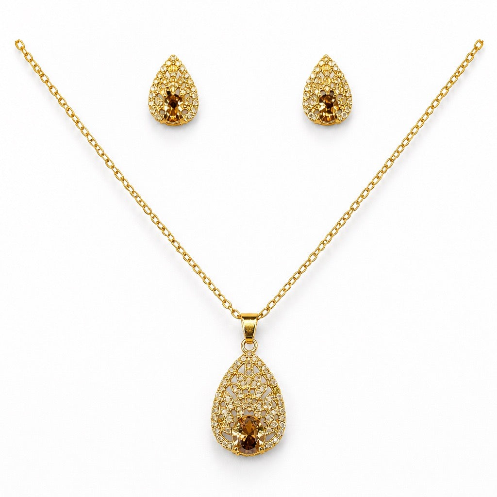 AMBER CRYSTAL FILIGREE NECKLACE & EARRINGS SET