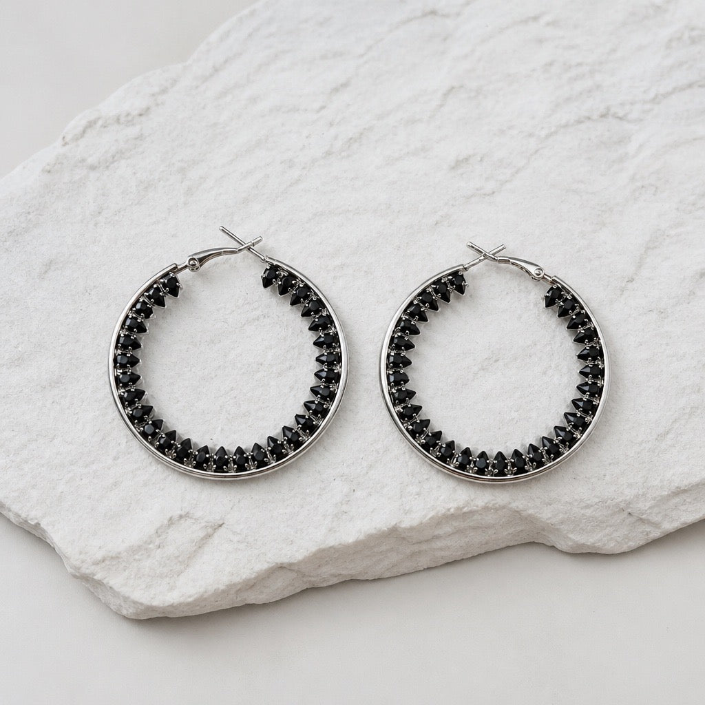 BLACK CRYSTAL TRIANGLE HOOP EARRINGS
