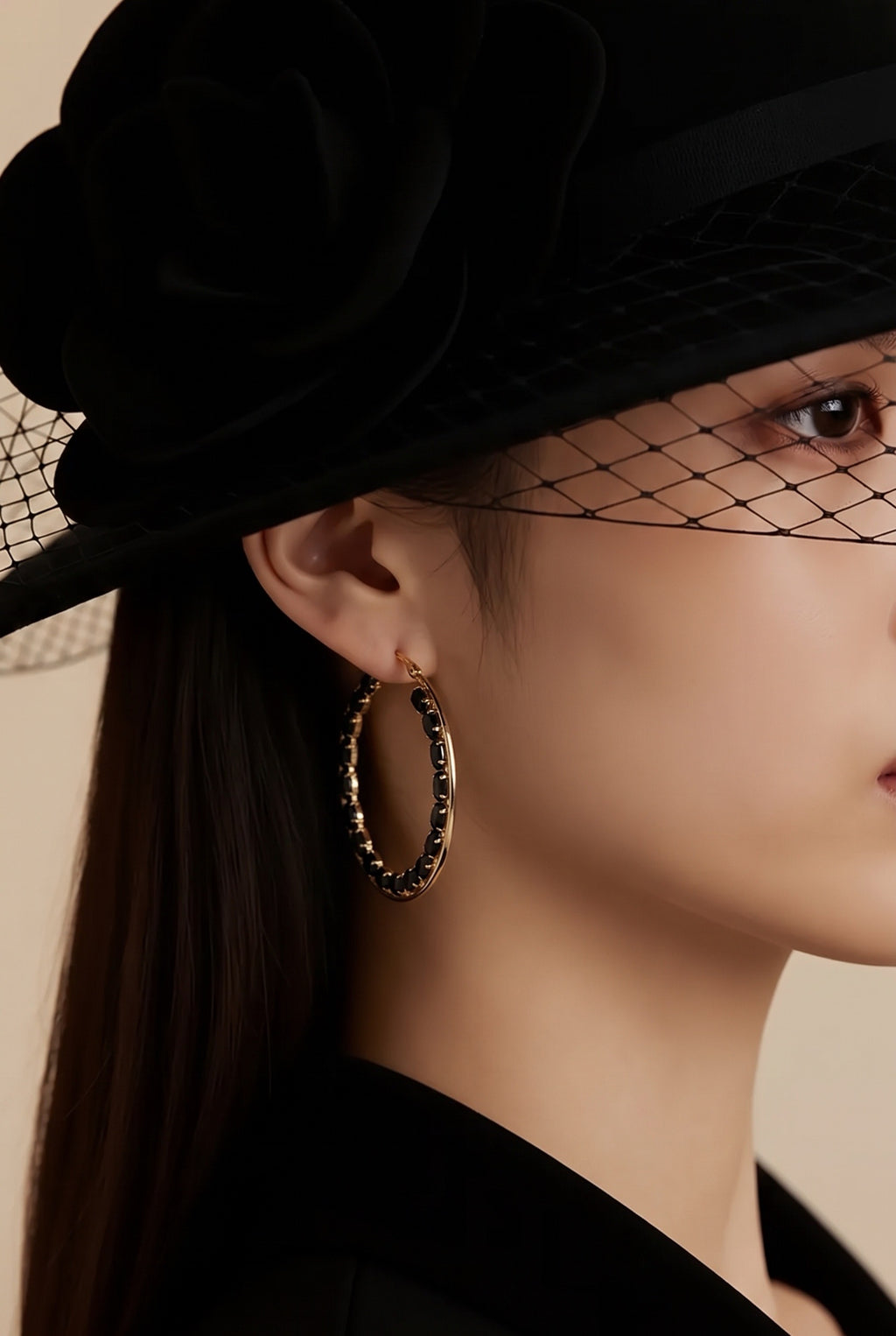 BLACK CRYSTAL TENNIS HOOP EARRINGS