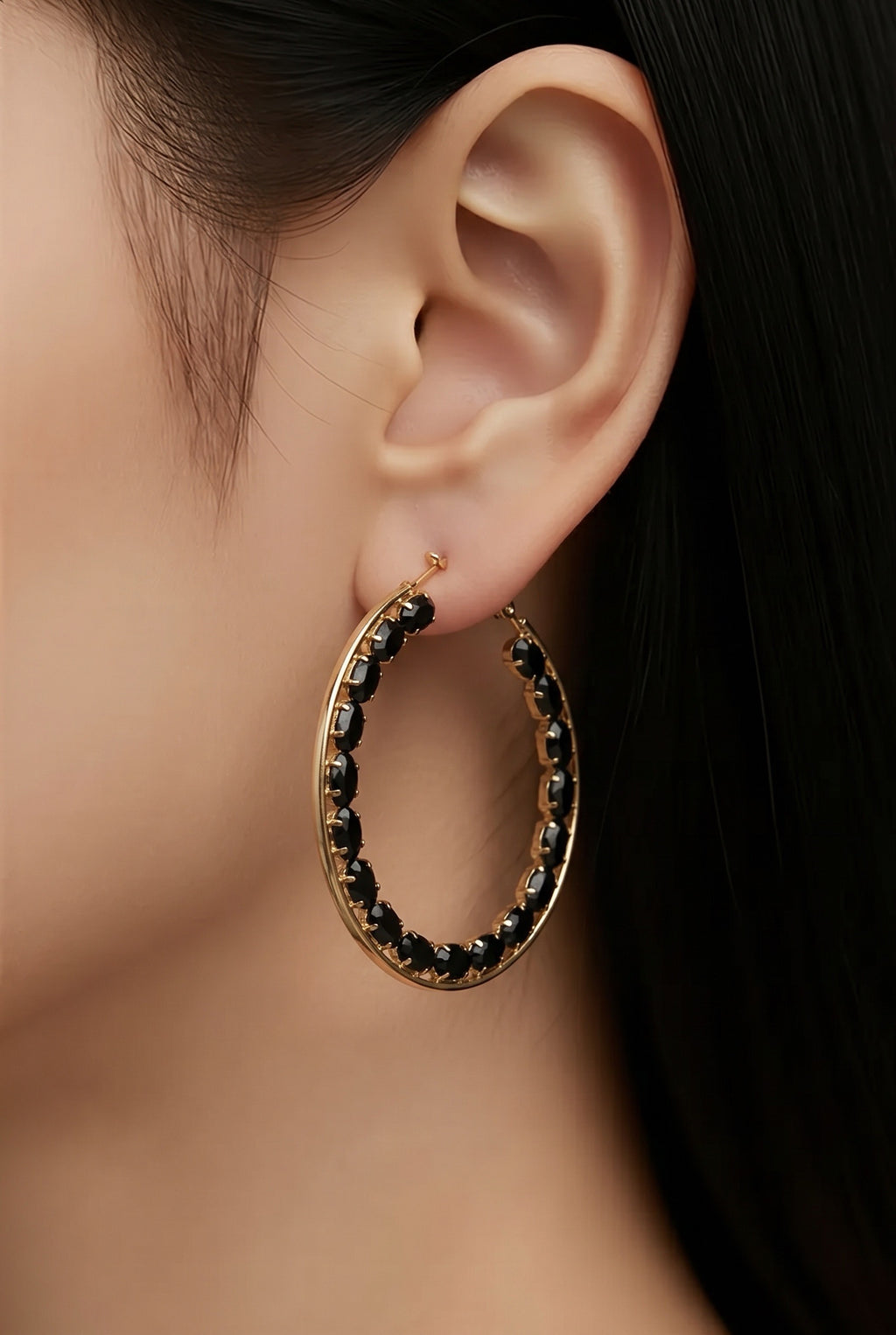 BLACK CRYSTAL TENNIS HOOP EARRINGS