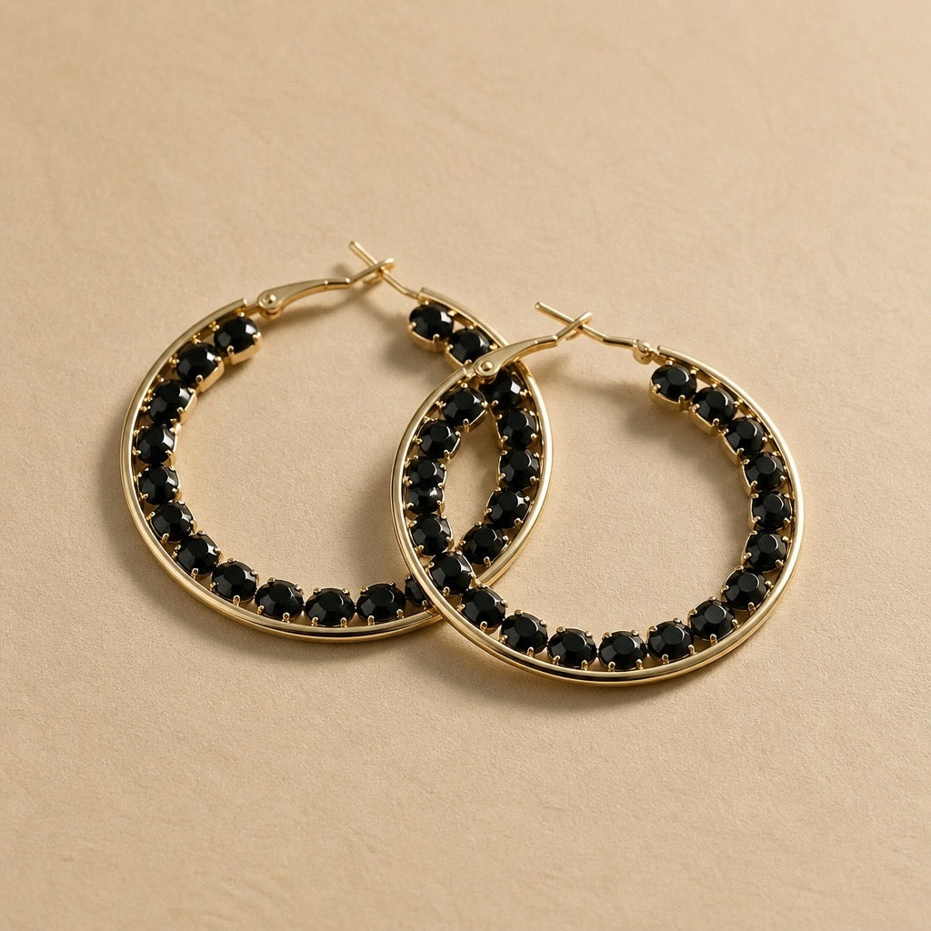 BLACK CRYSTAL TENNIS HOOP EARRINGS
