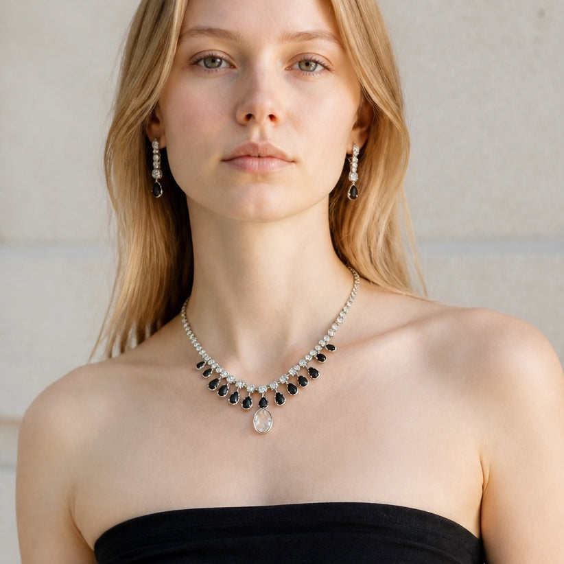 ONYX CRYSTAL FRINGE TEARDROP NECKLACE SET